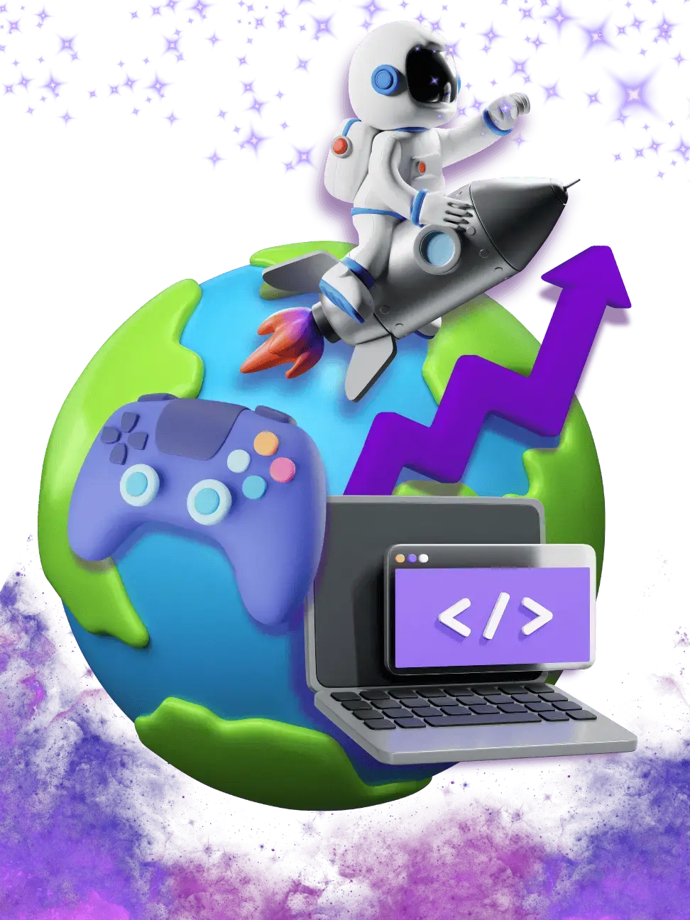 Illustration of a rocket and gaming devices atop a globe, symbolizing WORTAL's growth in the global gaming industry.