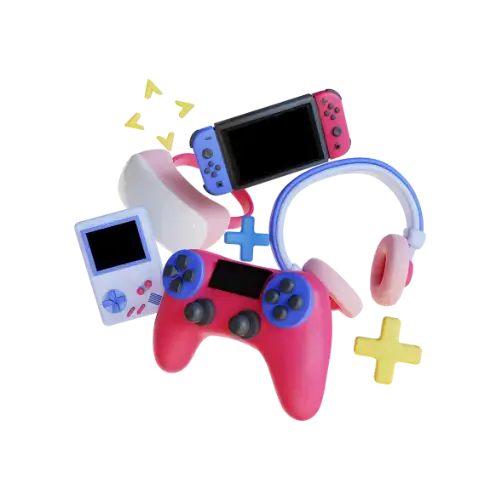 Illustration of gaming devices and accessories, highlighting WORTAL's support for all gaming platforms.