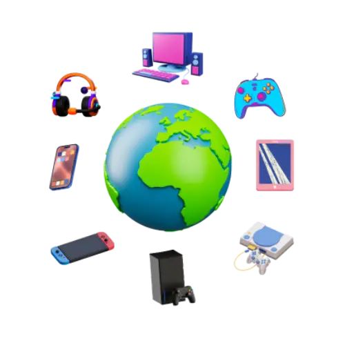 Illustration of a globe with gaming devices like consoles, phones, and laptops, showing WORTAL's cross-platform support