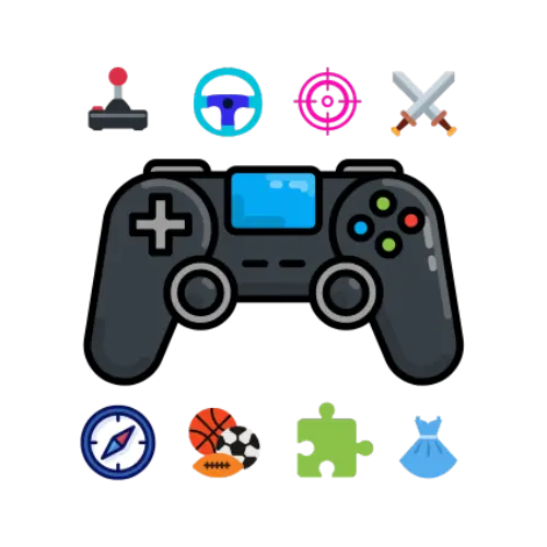 Illustration of a game controller surrounded by icons for various game genres, showcasing WORTAL's diverse gaming options